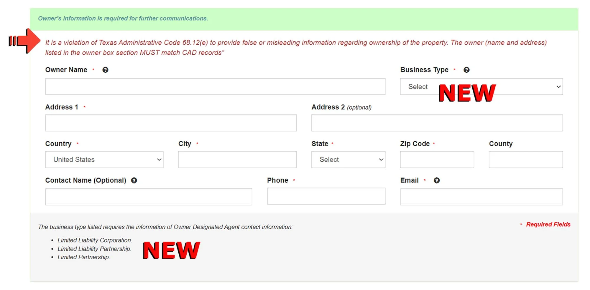 TDLR Online TABS Registration Contact Information Screenshot showing new information regarding the property owner information required