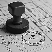 sealed construction drawing with a rubber stamp near the seal