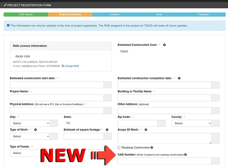 TABS online Registration with arrow pointing to a new requirement to add the county appraisal district property ID Number