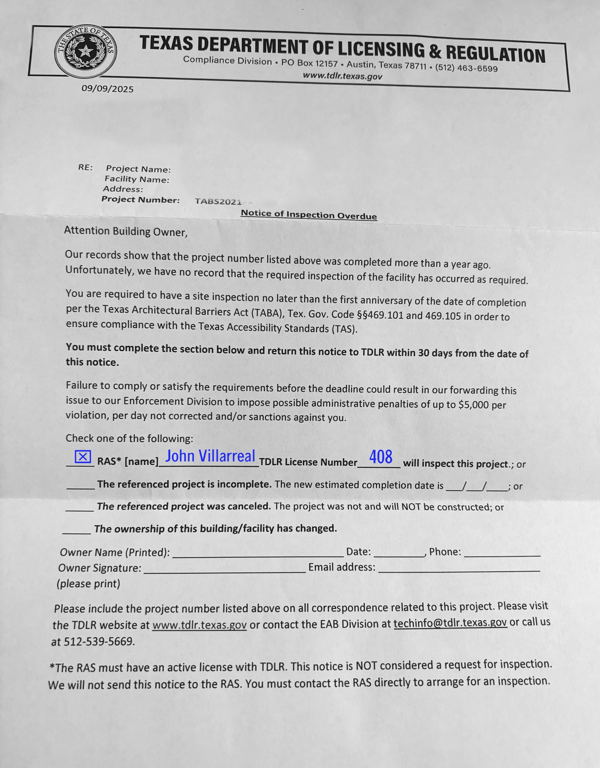 TDLR Notice Of Inspection due letter sent to property owners when inspection is overdue